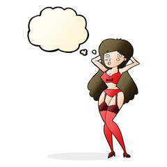cartoon woman in lingerie with thought bubble