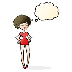 cartoon happy woman with hands on hips with thought bubble