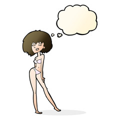 cartoon woman in bikini with thought bubble