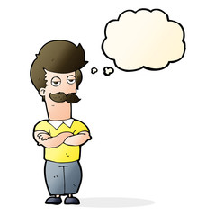 cartoon mustache muscle man with thought bubble