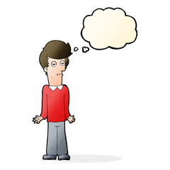 cartoon bored man shrugging shoulders with thought bubble