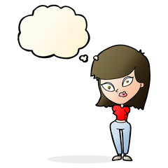 cartoon confused woman with thought bubble