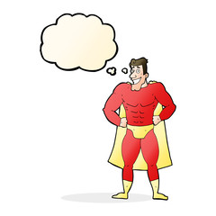 cartoon superhero with thought bubble