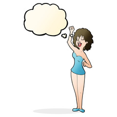 cartoon dancing woman with thought bubble