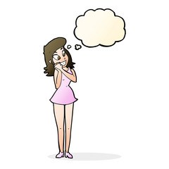 cartoon excited woman with thought bubble