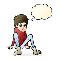 cartoon boy sitting on floor with thought bubble