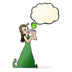 cartoon witch woman casting spell with thought bubble