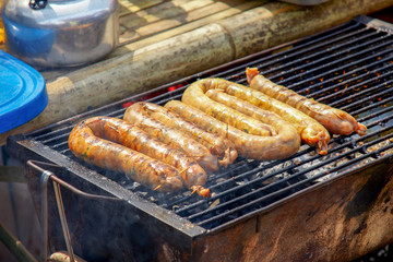 Homemade Thai food in grill. Thai sausage Northern style.