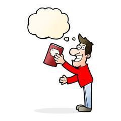 cartoon man with book with thought bubble