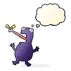 cartoon poisonous frog catching fly with thought bubble