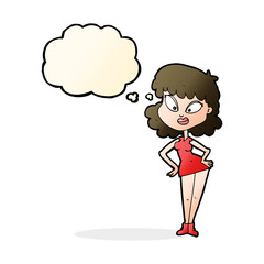 cartoon woman with hands on hips with thought bubble