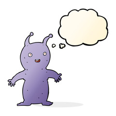 cartoon happy little alien with thought bubble
