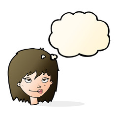 cartoon smiling woman with thought bubble