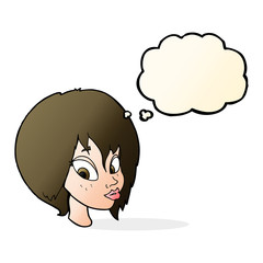 cartoon pretty female face pouting with thought bubble