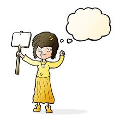 cartoon hippie girl with protest sign with thought bubble