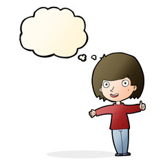 cartoon happy woman with thought bubble