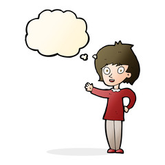 cartoon happy woman with thought bubble