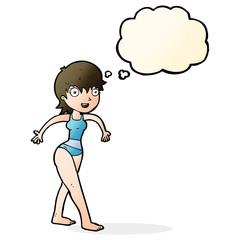cartoon happy woman in swimming costume with thought bubble