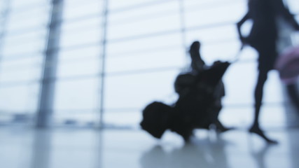 Passengers travelers in airport transit terminal walking with luggage baggage going traveling. Business travel people out of focus and blurry in background. - Powered by Adobe