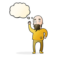 cartoon bearded man waving with thought bubble