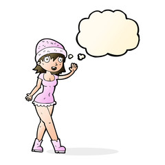 cartoon pretty girl in hat waving with thought bubble