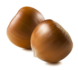 2 whole hazelnut isolated on white background