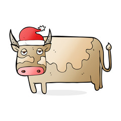cartoon cow with christmas hat