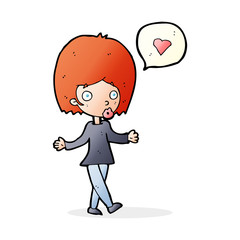 cartoon woman in love shrugging shoulders