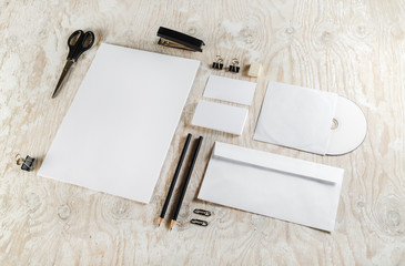 Photo of blank stationery and ID template. Mockup for branding identity for designers. Top view.
