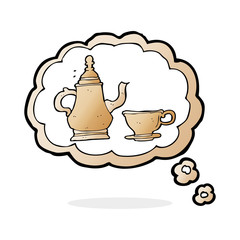 cartoon coffee pot and cup with thought bubble