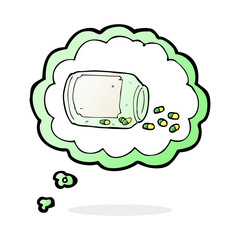 cartoon jar of pills with thought bubble