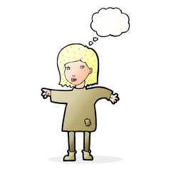 cartoon woman in patched clothing with thought bubble