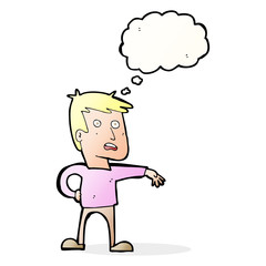 cartoon man making camp gesture with thought bubble