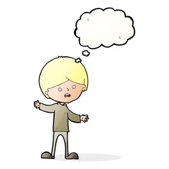 cartoon unhappy boy with thought bubble