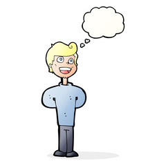cartoon happy man with thought bubble