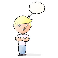 cartoon happy man with thought bubble