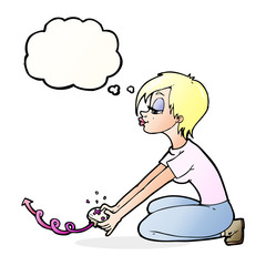 cartoon girl playing computer games with thought bubble