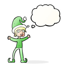 cartoon excited christmas elf with thought bubble