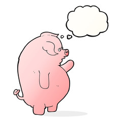 cartoon fat pig with thought bubble
