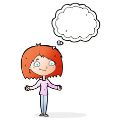 cartoon woman shrugging shoulders with thought bubble