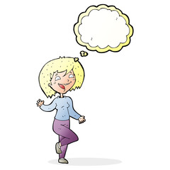 cartoon laughing woman with thought bubble
