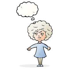 cartoon bitter old woman with thought bubble