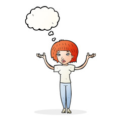 cartoon woman shrugging shoulders with thought bubble