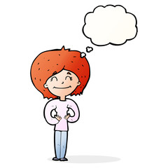cartoon happy woman with thought bubble