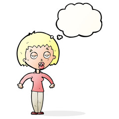 cartoon woman shrugging shoulders with thought bubble