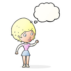 cartoon woman waving with thought bubble