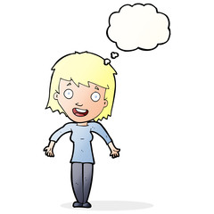 cartoon woman shrugging shoulders with thought bubble