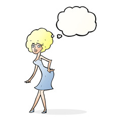 cartoon woman posing in dress with thought bubble