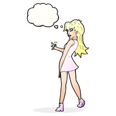 cartoon woman posing in dress with thought bubble