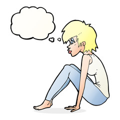 cartoon woman sitting with thought bubble